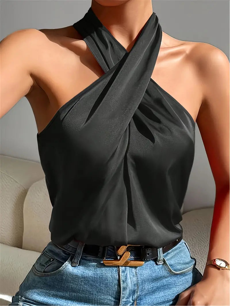 CROSS FRONT HALTER NECK CROP TOP