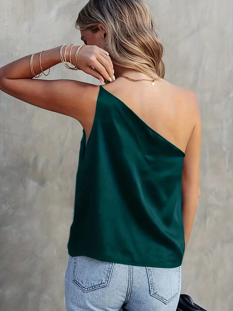 SATIN ELEGANCE ONE SHOULDER SLEEVELESS BLOUSE
