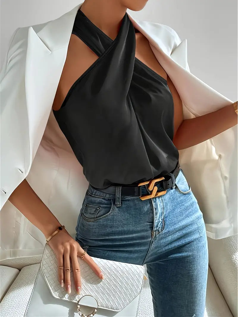CROSS FRONT HALTER NECK CROP TOP