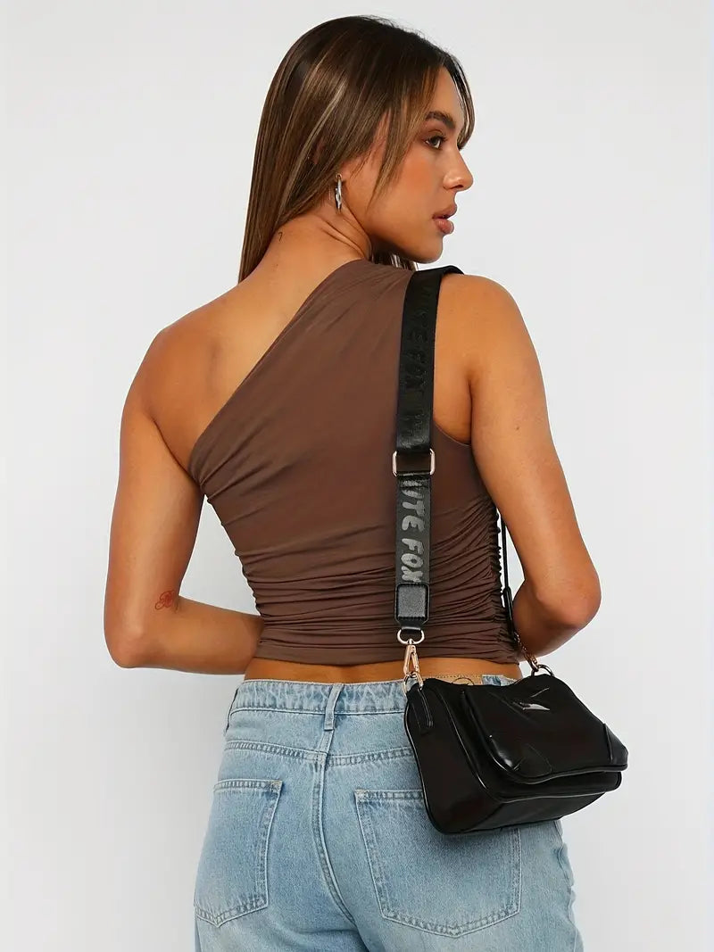 RETRO RUCHE SHOULDER CROP TOP