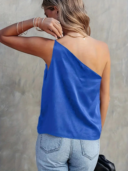 SATIN ELEGANCE ONE SHOULDER SLEEVELESS BLOUSE