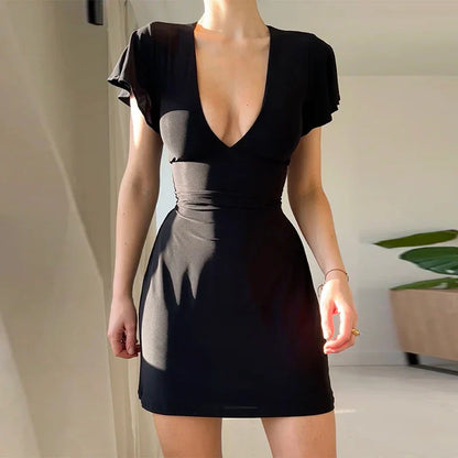 BLACK OYSTER V-NECK MINI DRESS