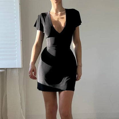 BLACK OYSTER V-NECK MINI DRESS