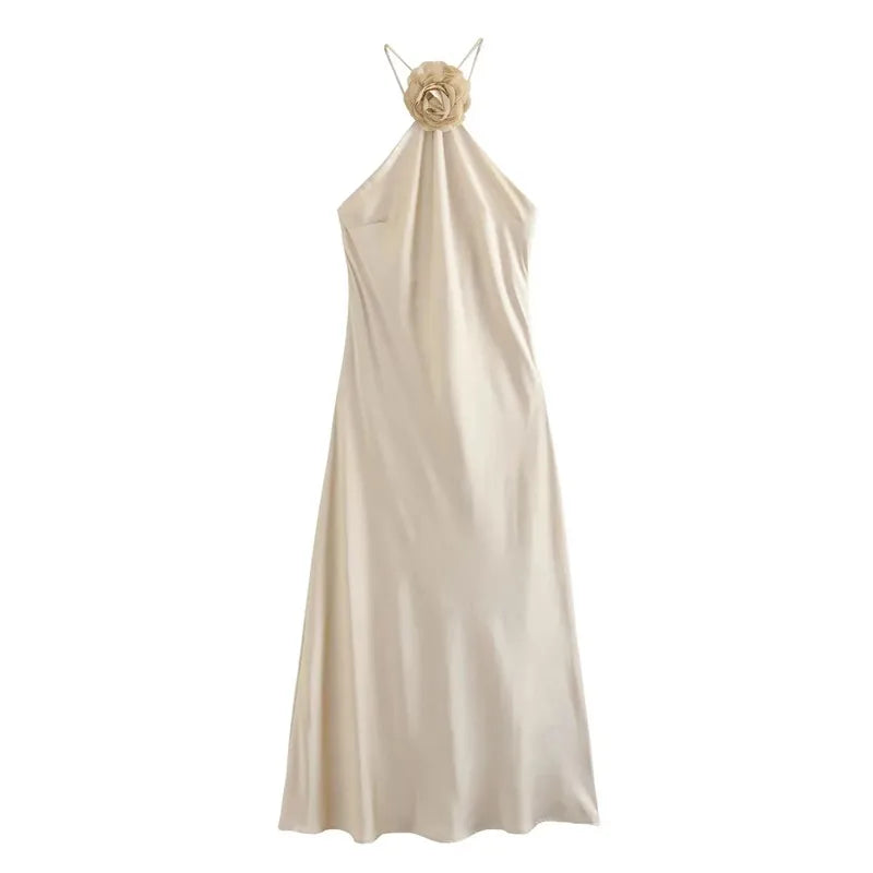BLOOM ELEGANCE: SATIN WHISPER HALTER DRESS