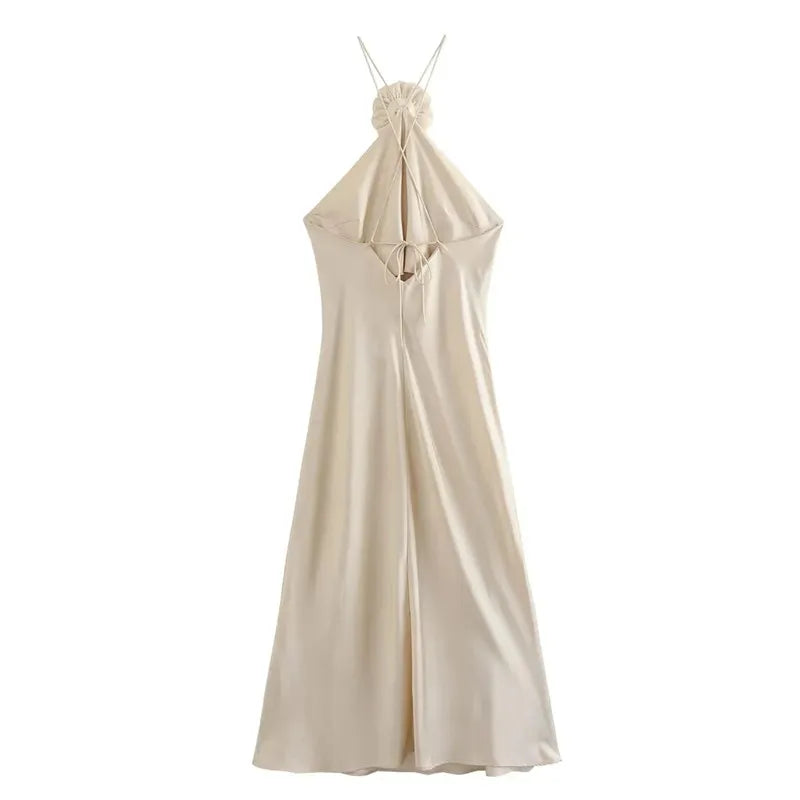 BLOOM ELEGANCE: SATIN WHISPER HALTER DRESS