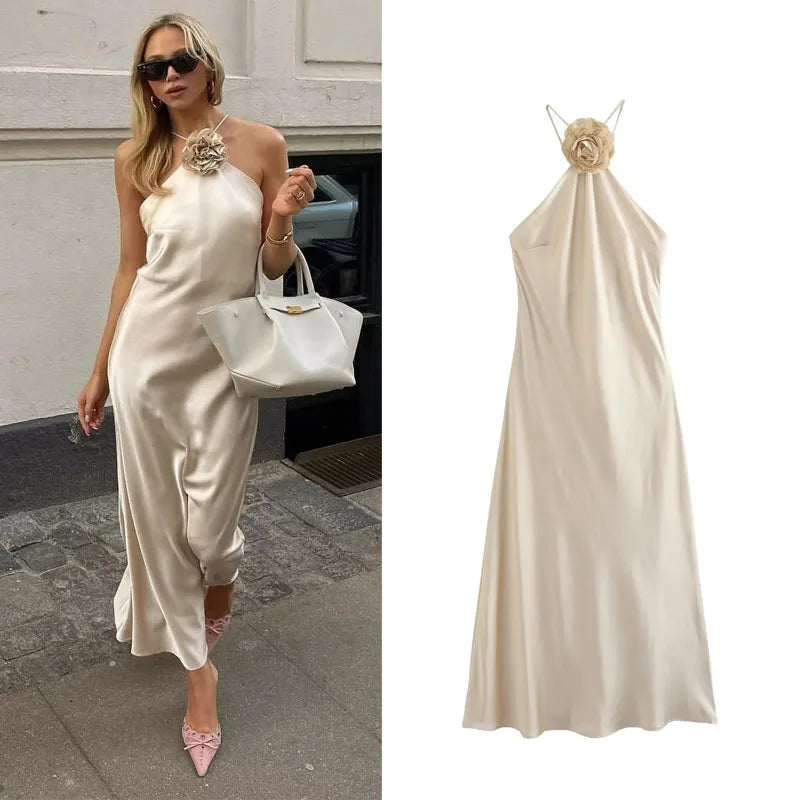 BLOOM ELEGANCE: SATIN WHISPER HALTER DRESS