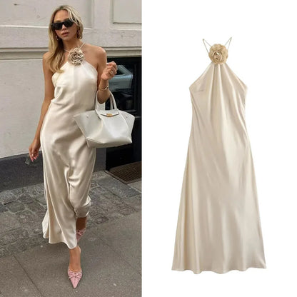 BLOOM ELEGANCE: SATIN WHISPER HALTER DRESS