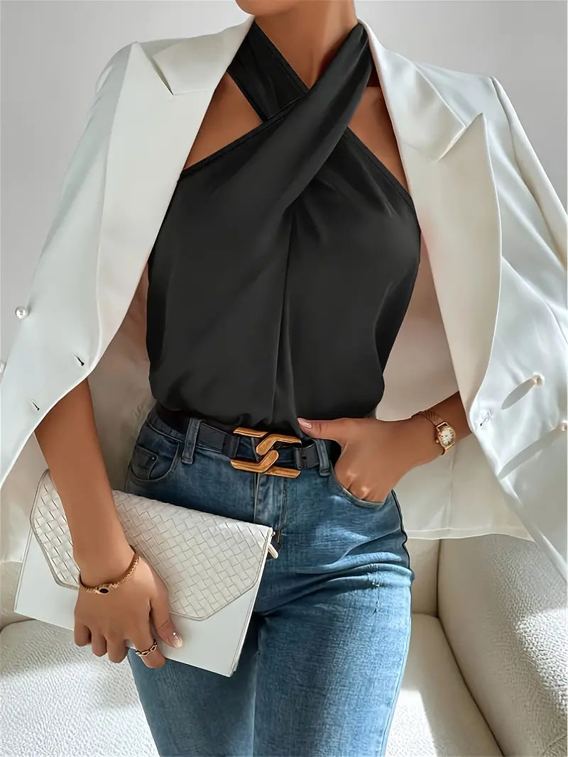 CROSS FRONT HALTER NECK CROP TOP