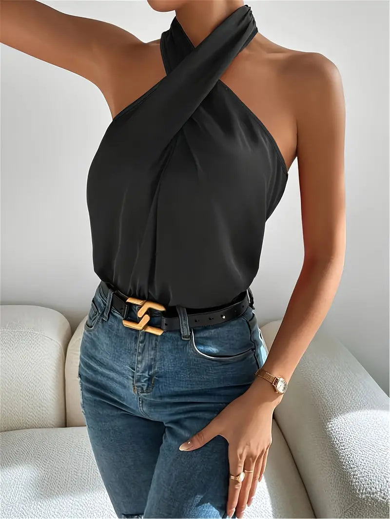 CROSS FRONT HALTER NECK CROP TOP