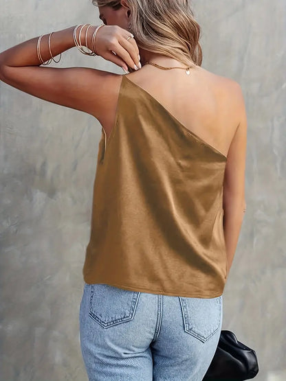 SATIN ELEGANCE ONE SHOULDER SLEEVELESS BLOUSE