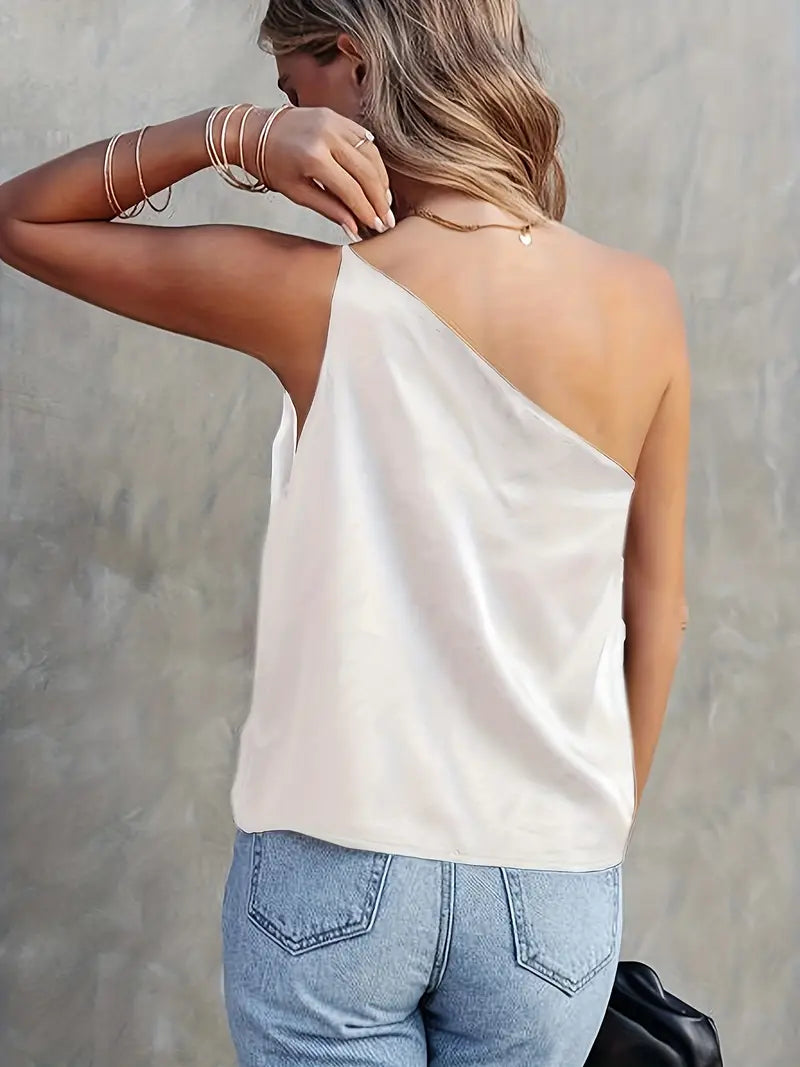 SATIN ELEGANCE ONE SHOULDER SLEEVELESS BLOUSE