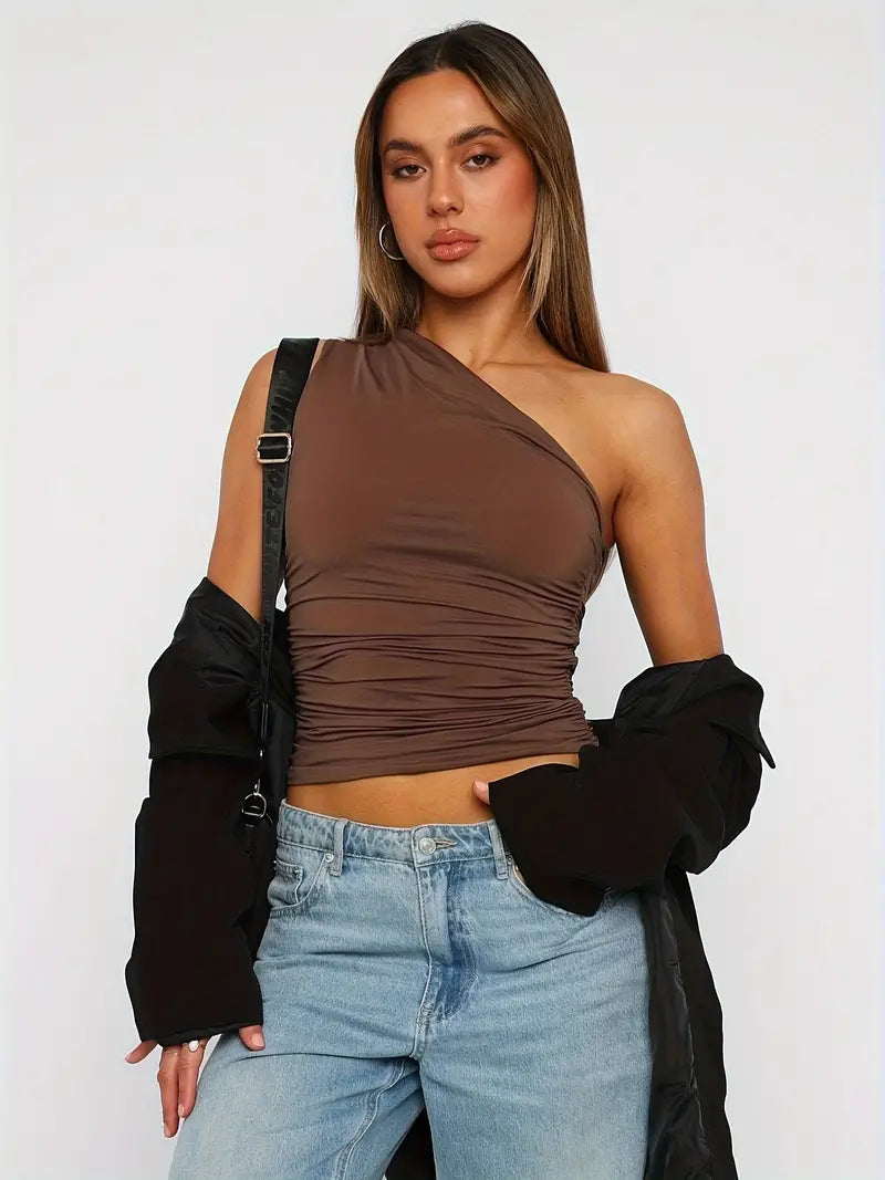 RETRO RUCHE SHOULDER CROP TOP