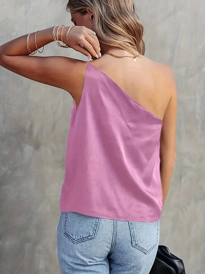 SATIN ELEGANCE ONE SHOULDER SLEEVELESS BLOUSE