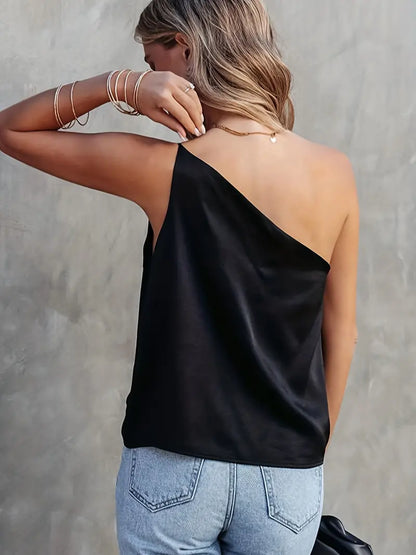 SATIN ELEGANCE ONE SHOULDER SLEEVELESS BLOUSE
