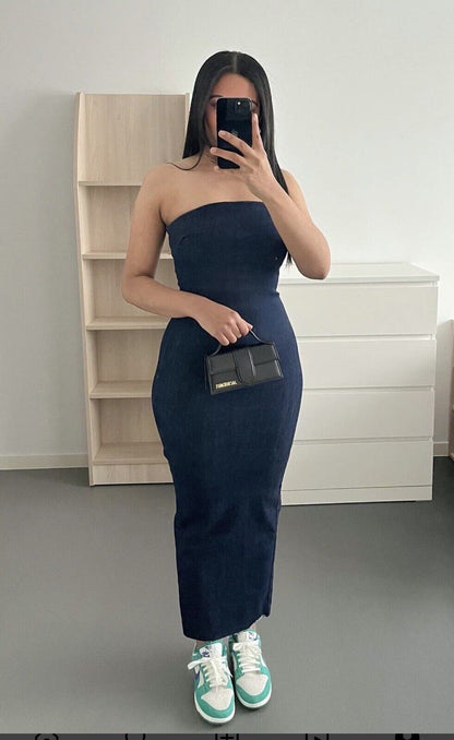 DENIM DIVA STRAPLESS MAXI DRESS